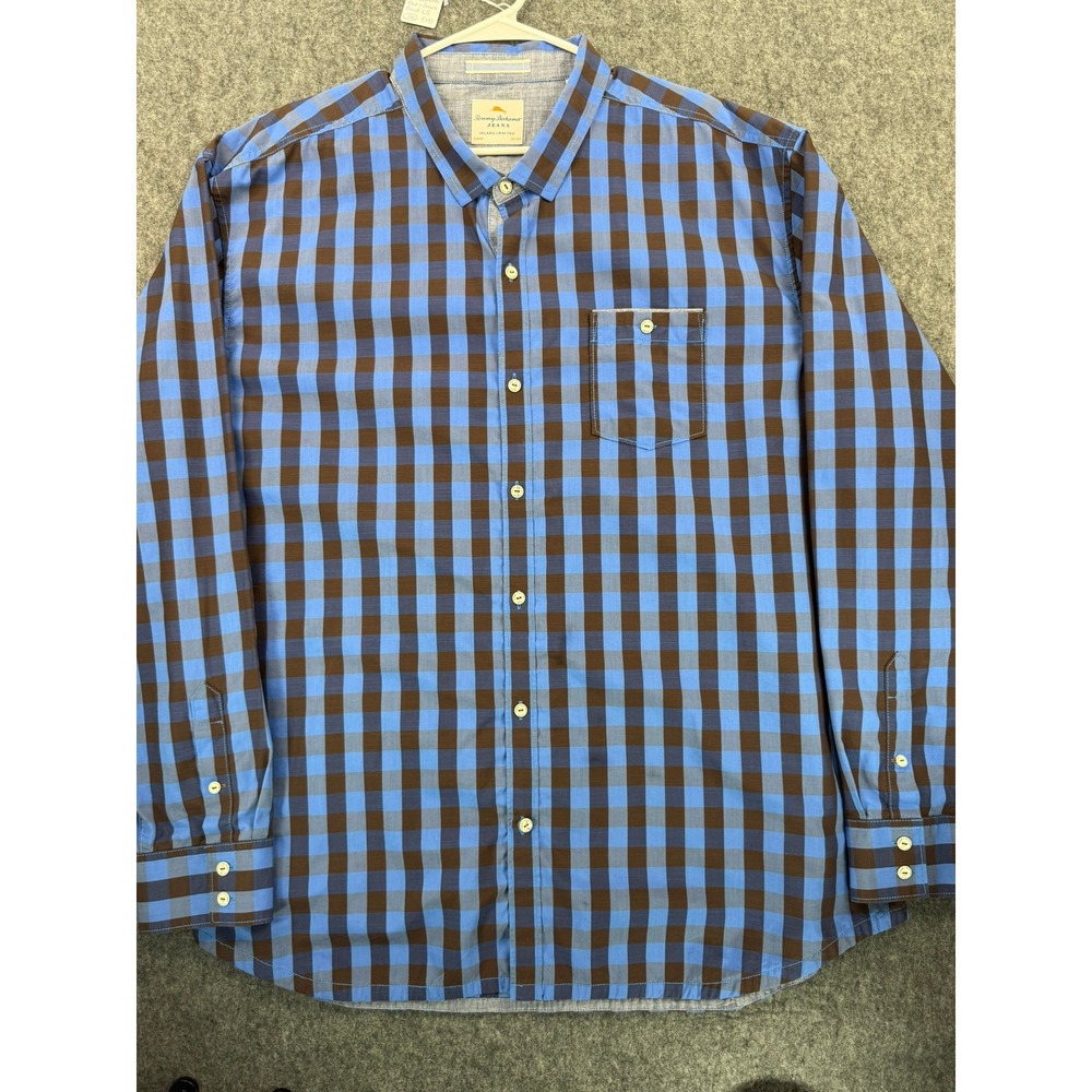 Tommy Bahama Jeans Mens 3XL Blue Brown Gingham Check Cotton Tencel Button Down